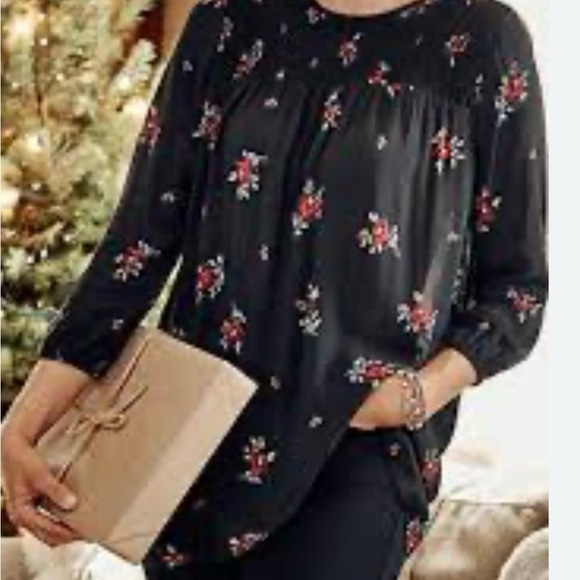 J. Jill Black Floral 3/4 Sleeve Blouse Boho Lightweight Rose Print Mature Sz L - Picture 2 of 9